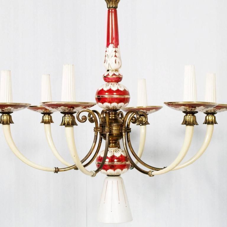 Art Deco Six Light Florence Chandelier Gold Decorated Porcelain Enameled Brass photo furniture