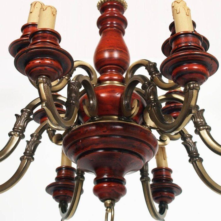 Florence Renaissance Chandelier With Twelve Lights, Bronze, Red Lacquered Wood photo Lighting