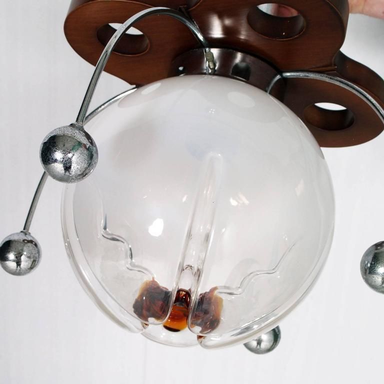 Italian 1960s Mazzega Murano Glass Chandelier, Atomo, Wood And Chrome Plated photo for sale