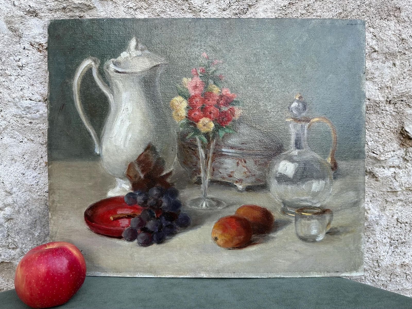 Still Life Oil Painting Fruits, Flowers, Porcelain And Glass Origin Art Signed Ak photo vintage