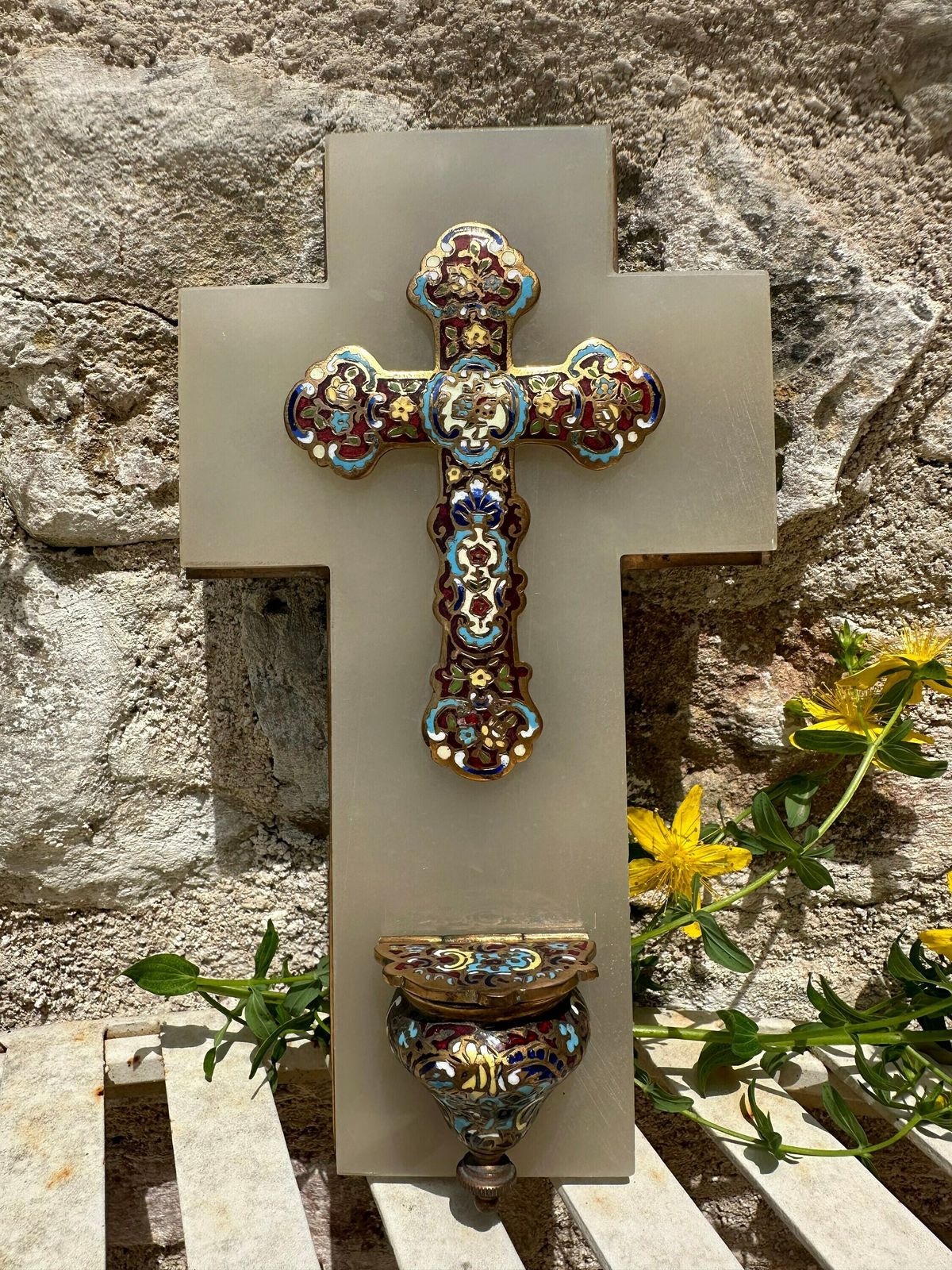 Antique French Cloisonne Enamel Holy Water Font On White Marble