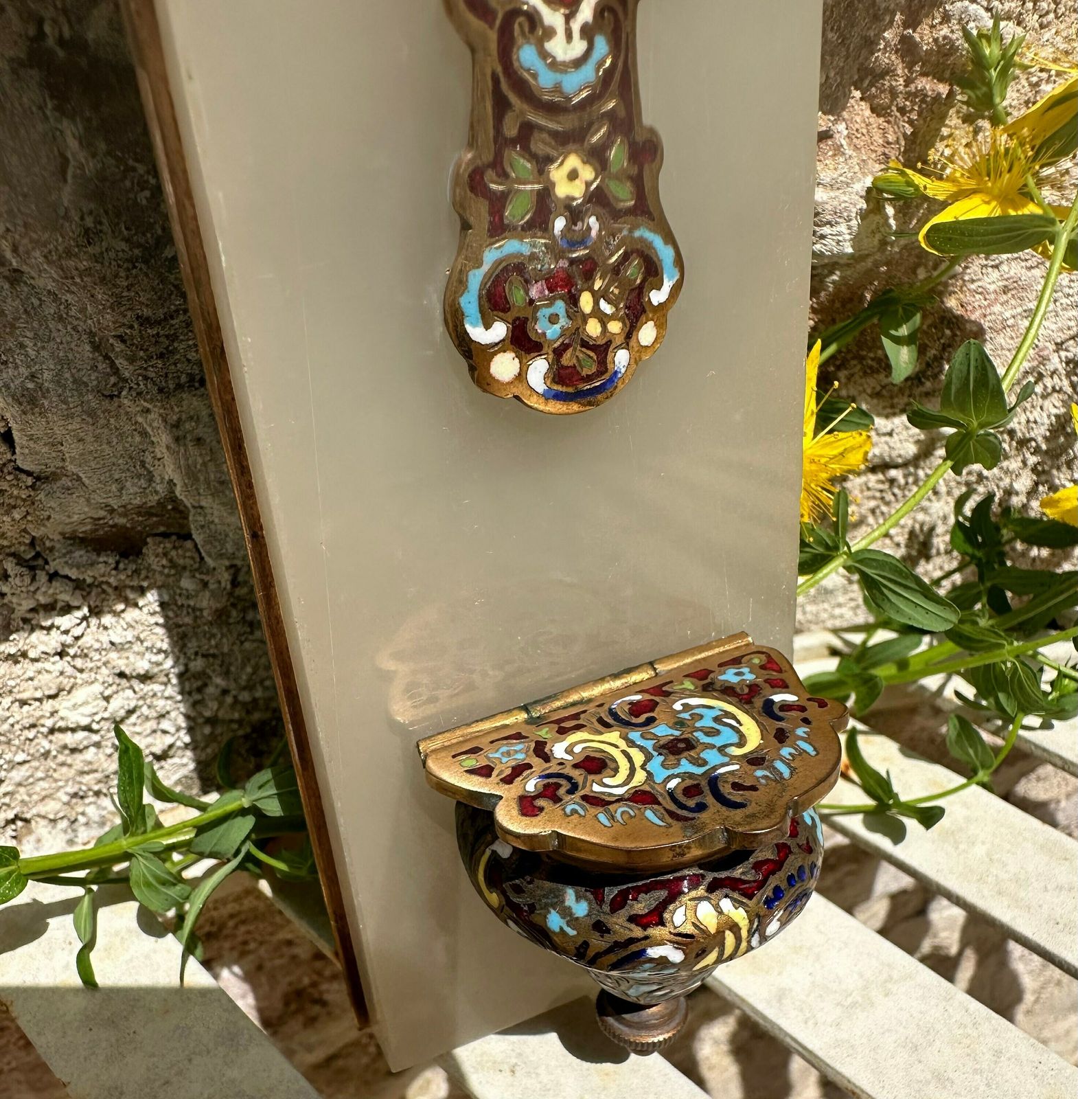 Antique French Cloisonne Enamel Holy Water Font On White Marble photo furniture
