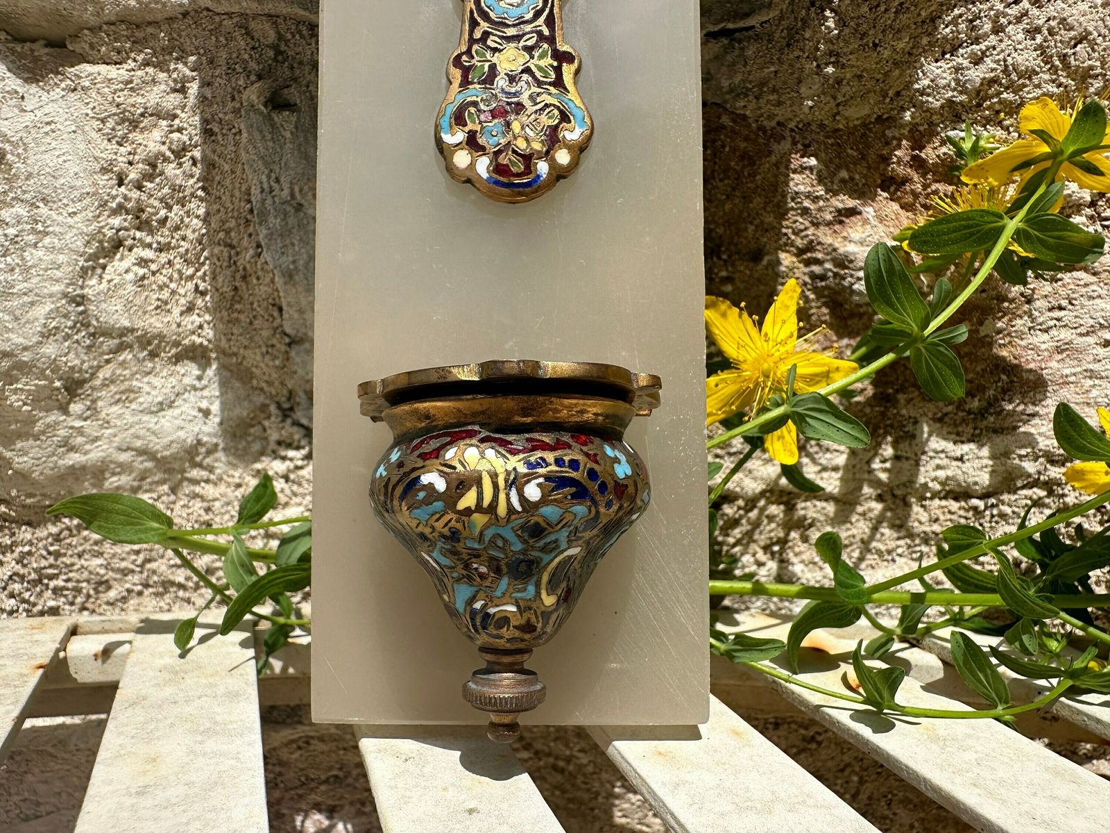 Antique French Cloisonne Enamel Holy Water Font On White Marble photo 175.0