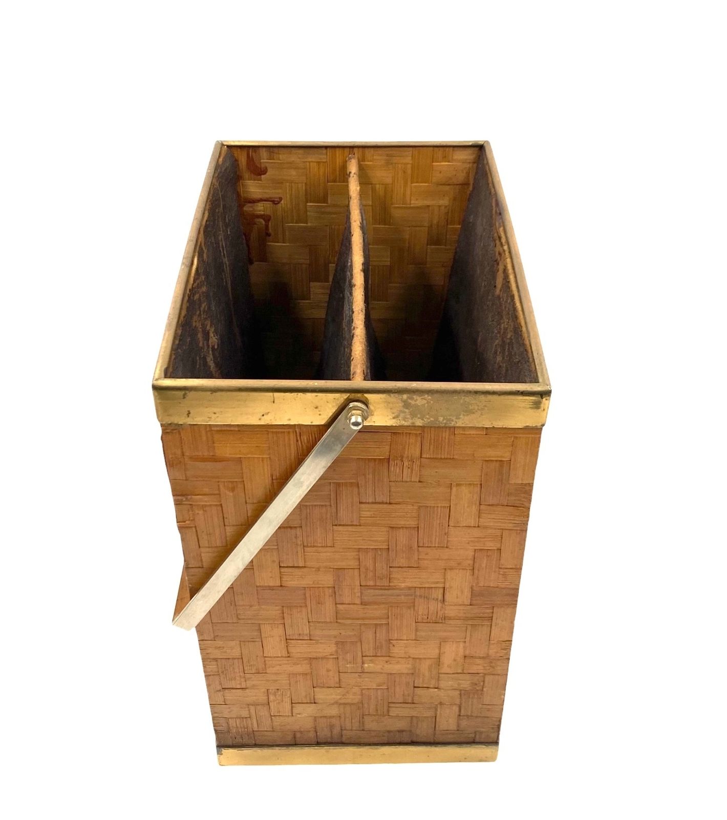 photo for sale Hollywood Regency Brass And Woven Bamboo Magazine Rack, Metal Linea Nova Italy 1970