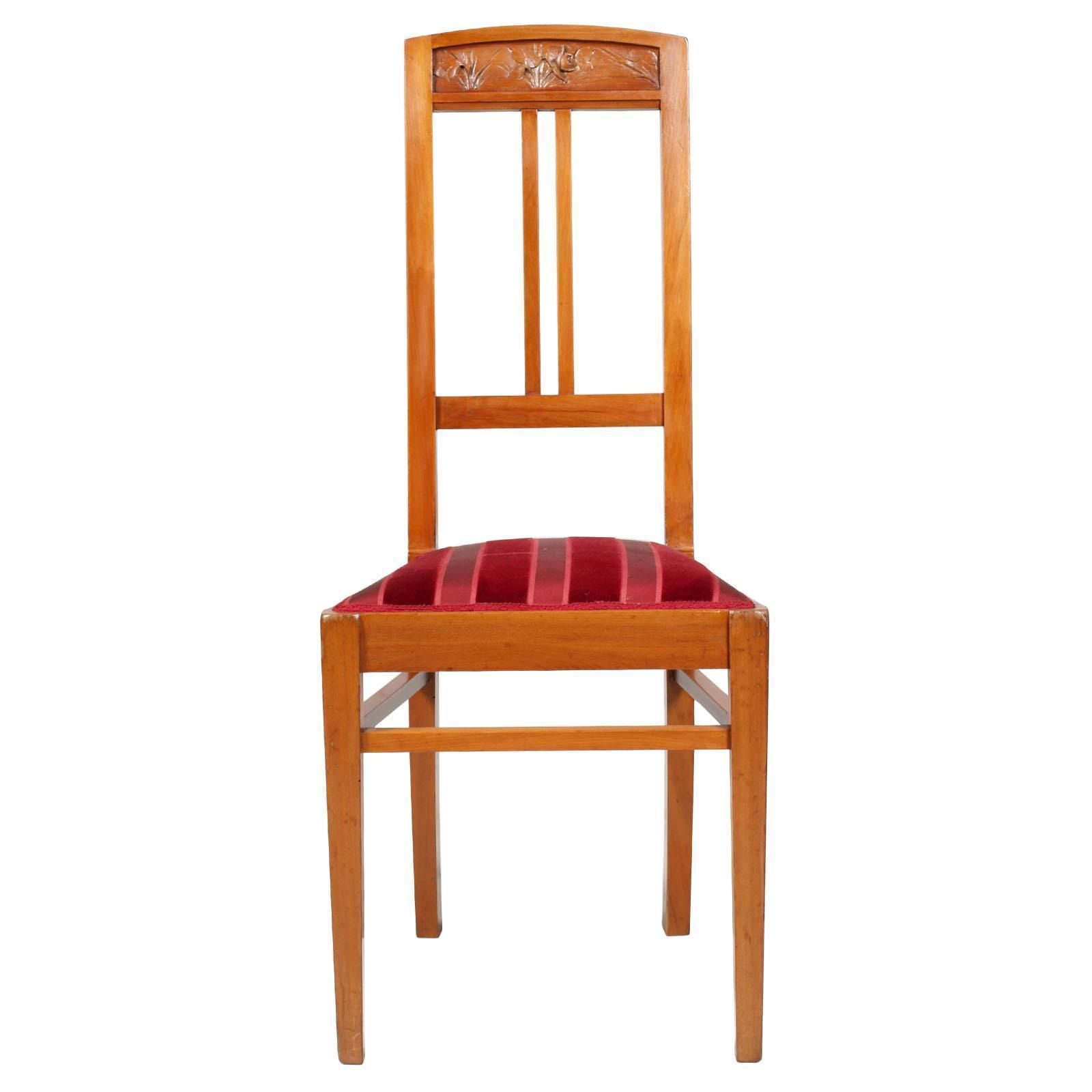 Italian Art Nouveau Side Chairs With Stool, Blond Walnut, Restored Wax Polished photo furniture