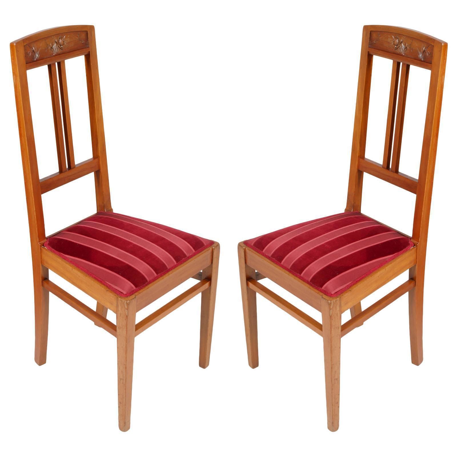 Italian Art Nouveau Side Chairs With Stool, Blond Walnut, Restored Wax Polished photo Furniture