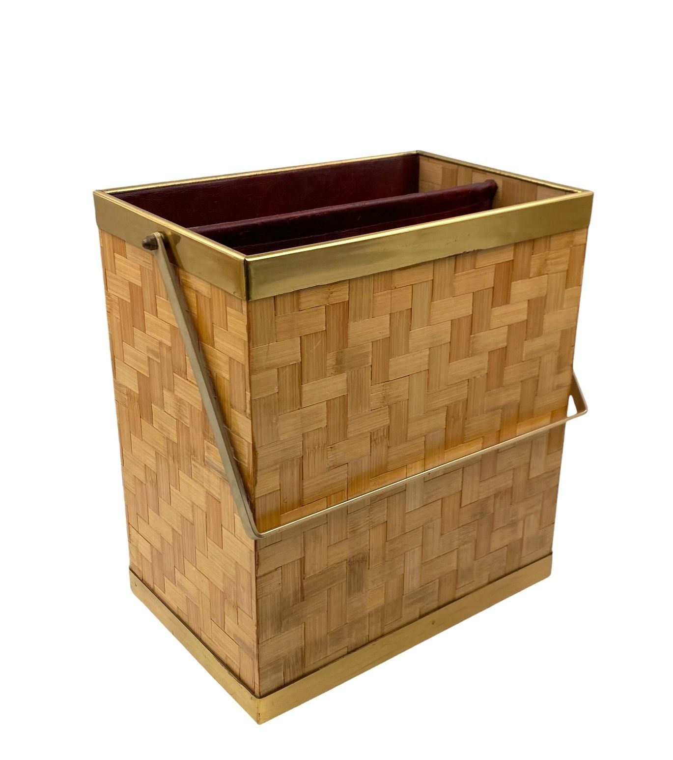 Hollywood Regency Brass And Woven Bamboo Magazine Rack, Metal Linea Nova Italy 1970 photo furniture