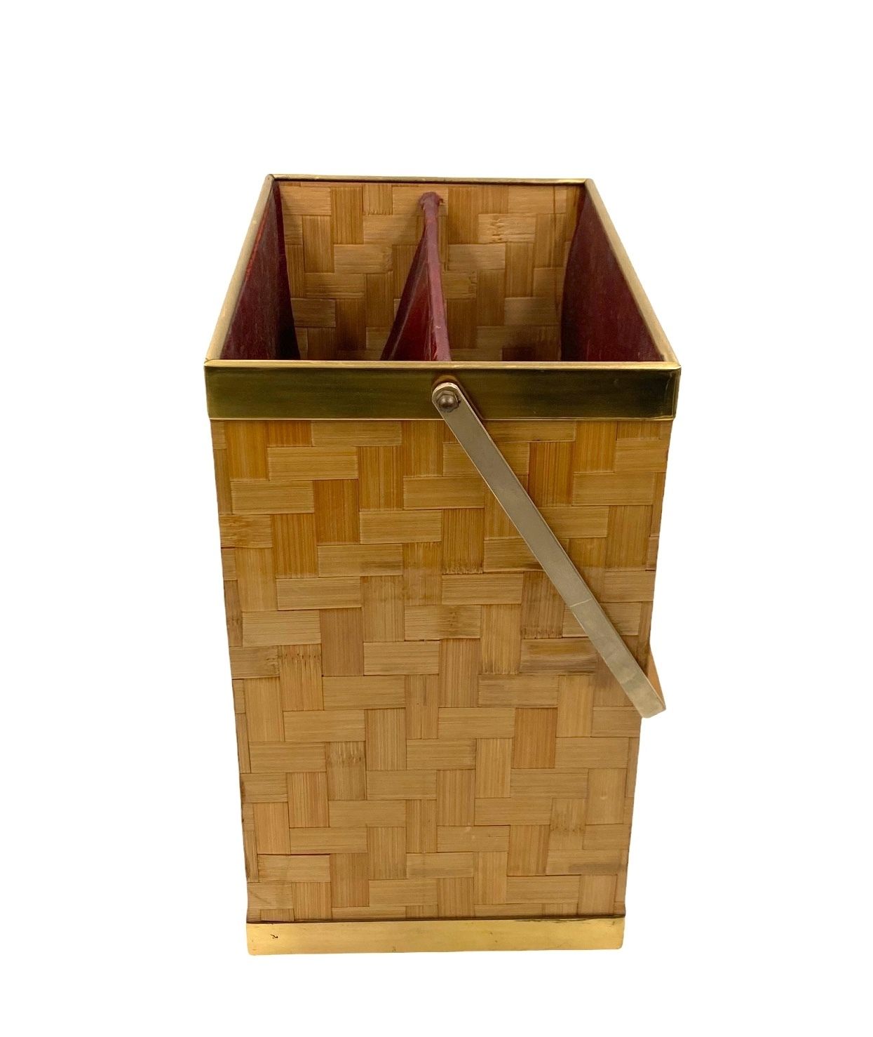 Hollywood Regency Brass And Woven Bamboo Magazine Rack, Metal Linea Nova Italy 1970 photo vinterior