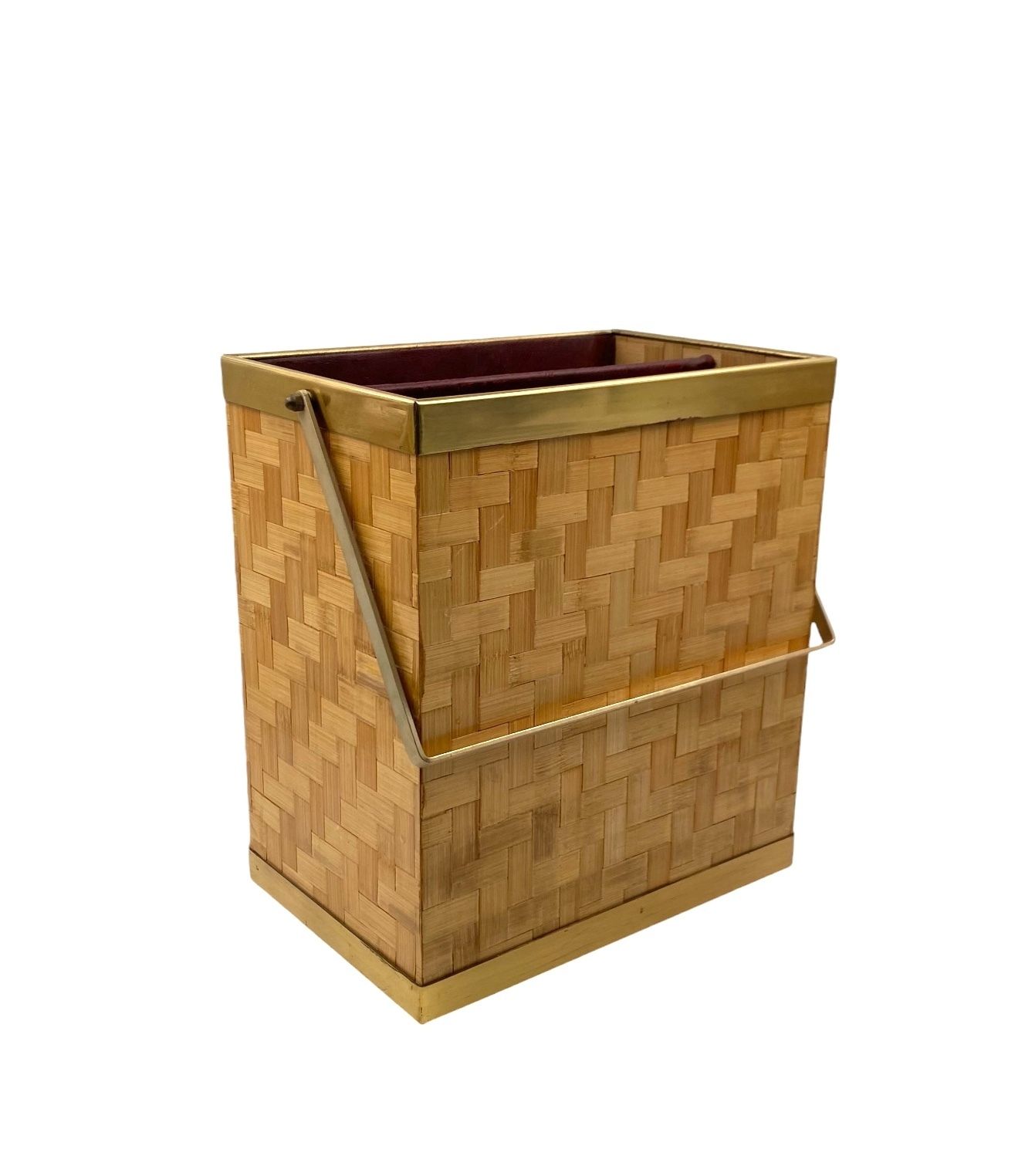 Hollywood Regency Brass And Woven Bamboo Magazine Rack, Metal Linea Nova Italy 1970 photo vintage