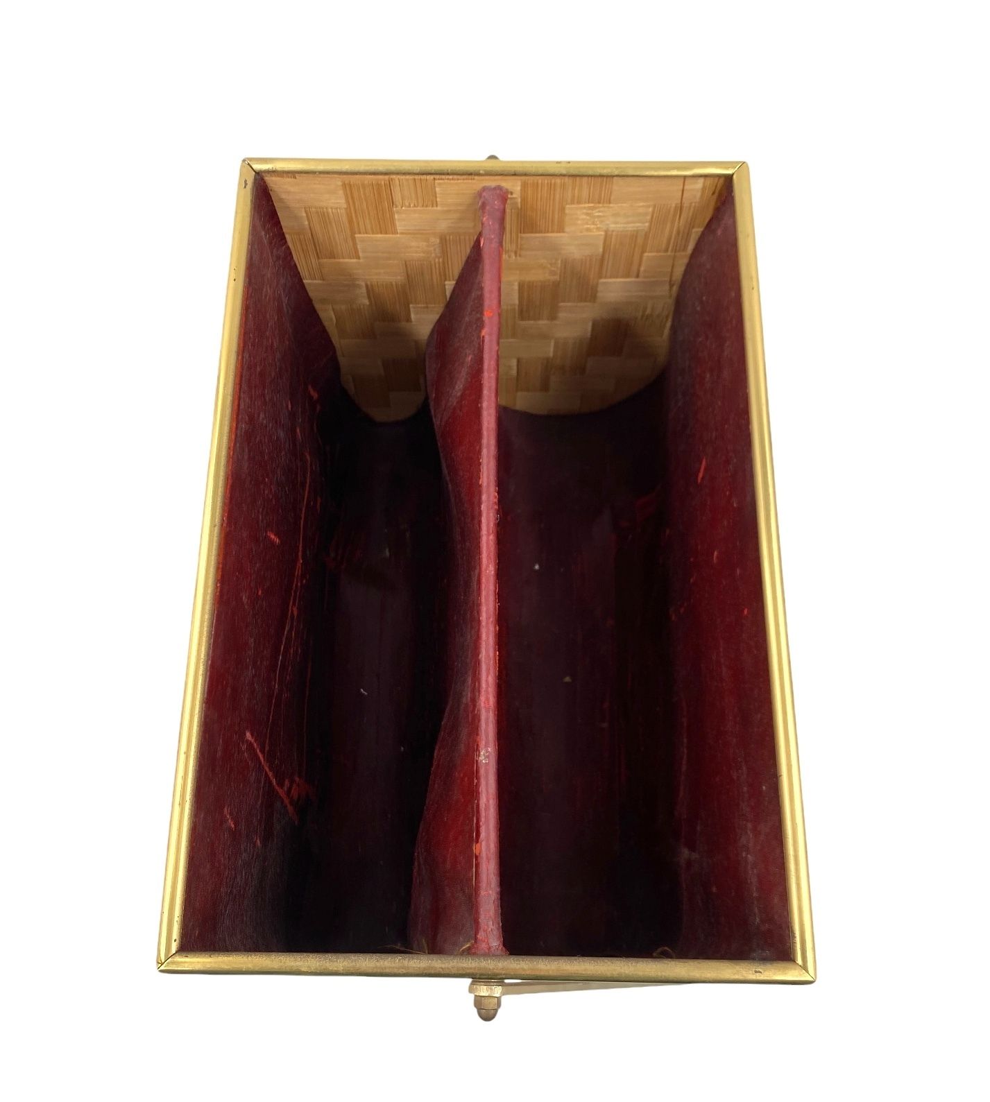 photo for sale Hollywood Regency Brass And Woven Bamboo Magazine Rack, Metal Linea Nova Italy 1970