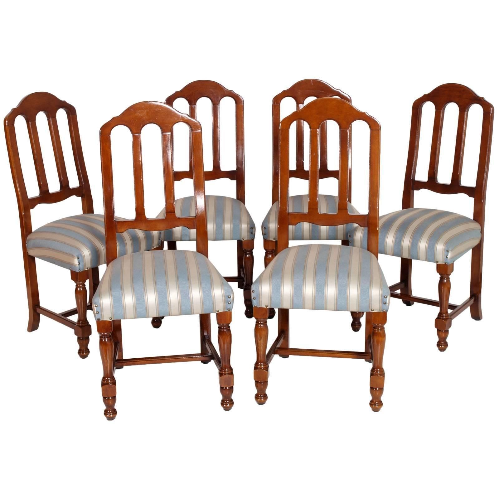 Art Deco Age Italian Six Dining Room Chairs In Solid Walnut, With New Upholstery