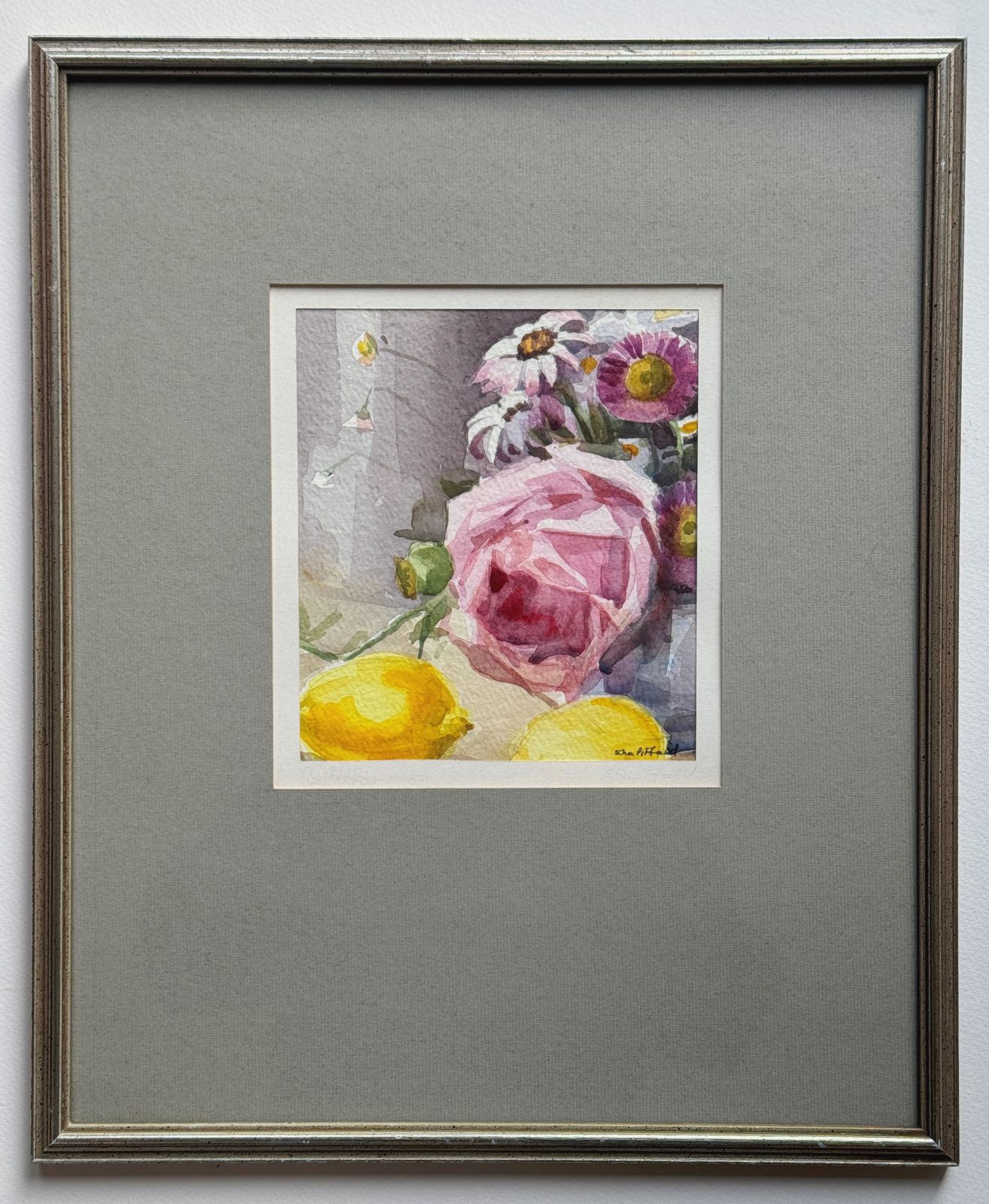 Original Mid Century Still Life Watercolour Painting  Rose And Lemons  Ena Pitfield  (1917 2012) photo for sale