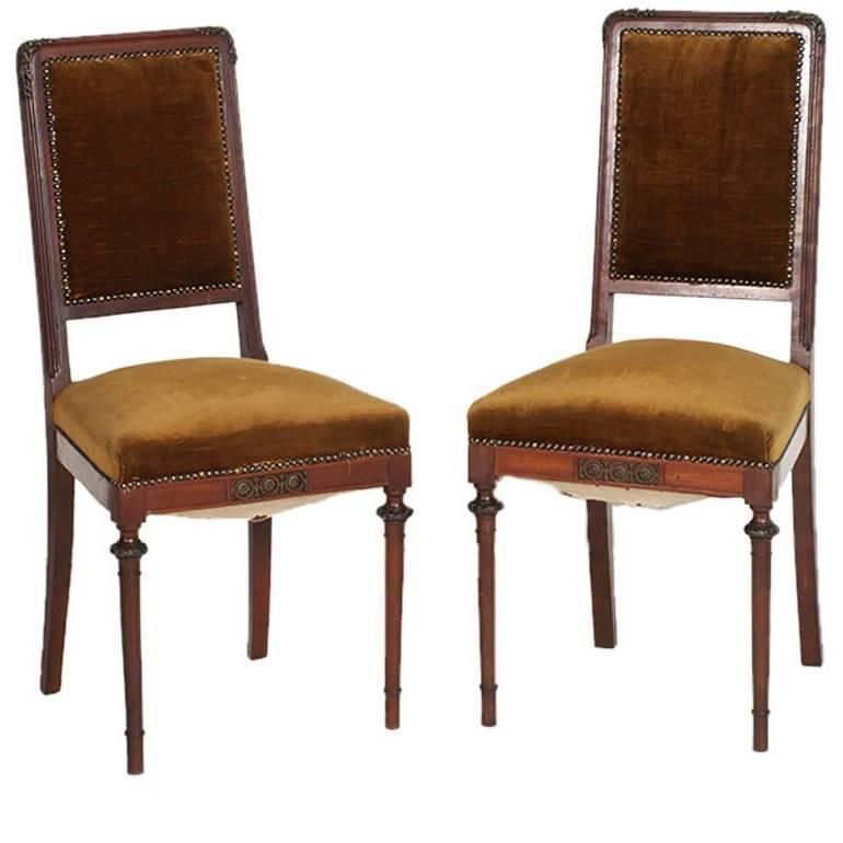 Last 19th Century Art Nouveau Side Chairs, Walnut, Velvet, Eugenio Quarti Style