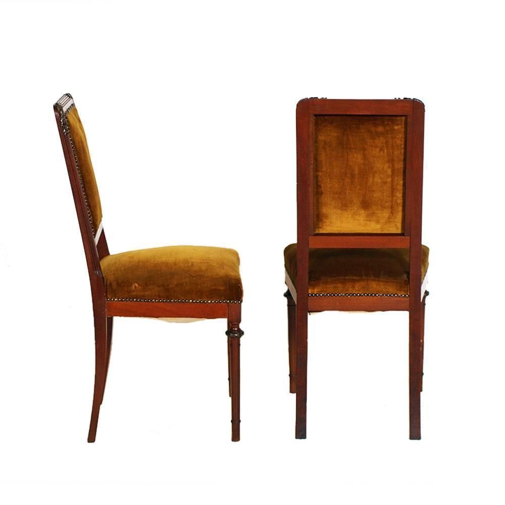 Last 19th Century Art Nouveau Side Chairs, Walnut, Velvet, Eugenio Quarti Style photo furniture