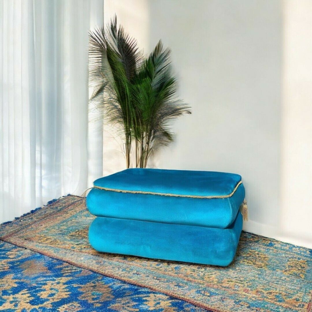 Vintage Velvet Ottomann In Peacock Blue photo buy