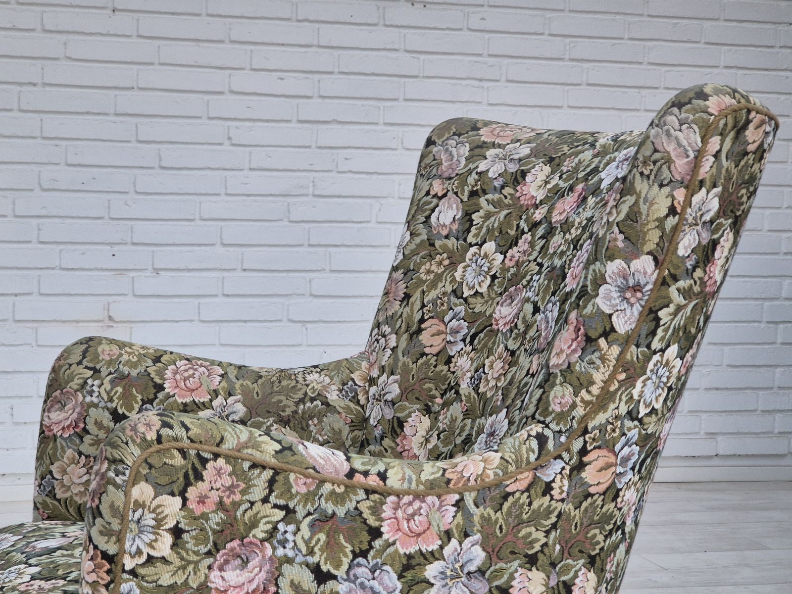photo buy 1970s, Danish Armchair, Reupholstered, Flowers Furniture Fabric.