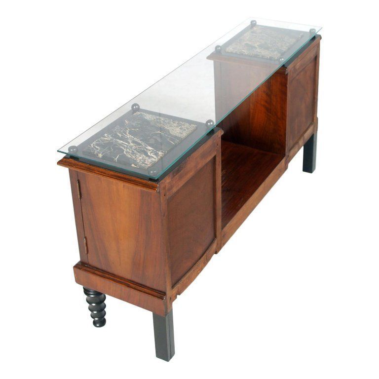 photo furniture Early 20th Century Console, Tv Stand, Burl & Ebonized Walnut, Marble, Glass Top