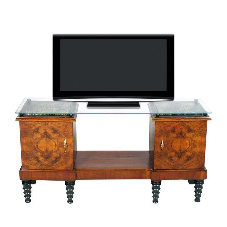 photo for sale Early 20th Century Console, Tv Stand, Burl & Ebonized Walnut, Marble, Glass Top