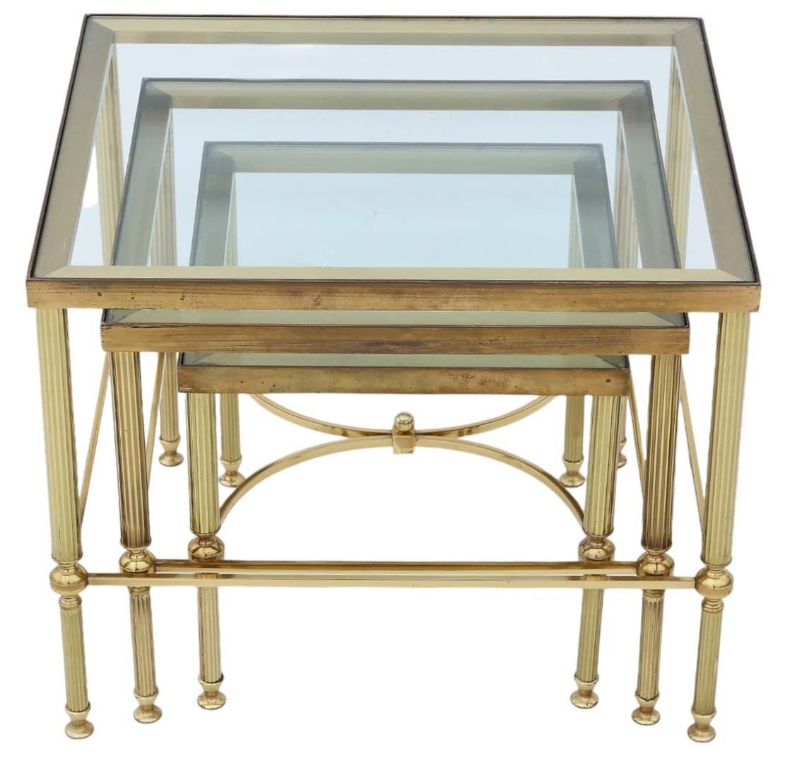Vintage Retro Fine Quality Nest Of 3 Ormolu Brass And Glass Tables Coffee Side photo vintage