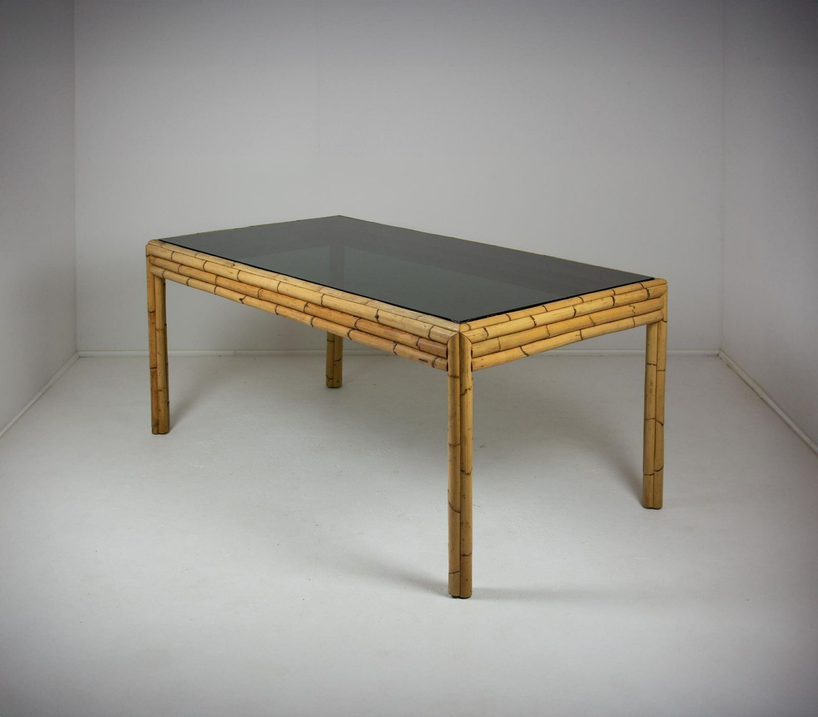 Vintage Bamboo Dining Table With Smoked Glass Top, C.1980's Spanish.