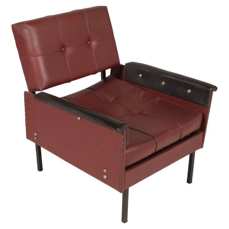 Italy 1960s Cubist Armchairs & Sofa, Iron Legs, Faux Leather Quilted Upholstery photo for sale