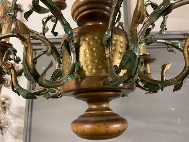 Large Wooden Tole Rustic Chandelier photo for sale