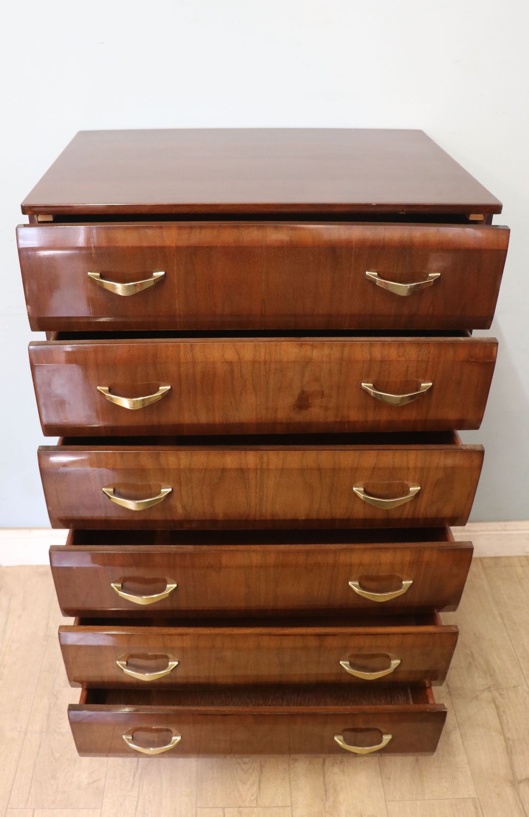 A Lovely Mid Century Bedroom Chest Of Drawers With Walnut Veneer And High Gloss Finish. photo Furniture