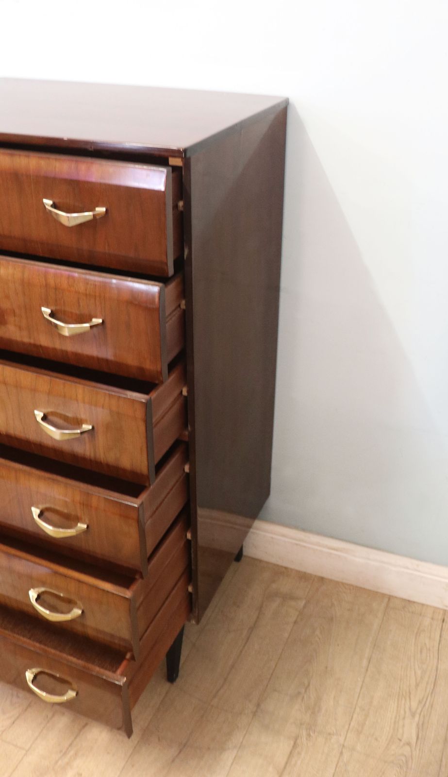 A Lovely Mid Century Bedroom Chest Of Drawers With Walnut Veneer And High Gloss Finish. photo vintage