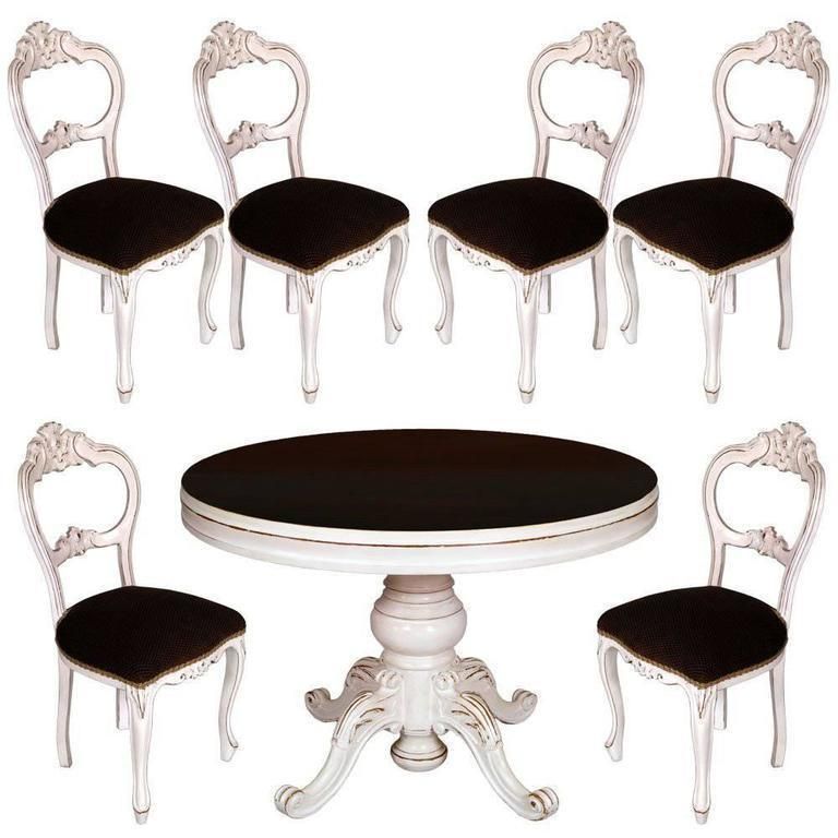 19th Century Set Baroque Round Table Extendable Six Chairs, White Painted