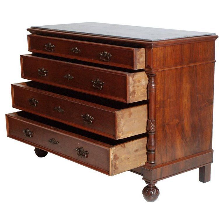 Italiy 19th C. Art Nouveau Commode Chest Of Drawers Blond Walnut Gray Marble Top photo furniture
