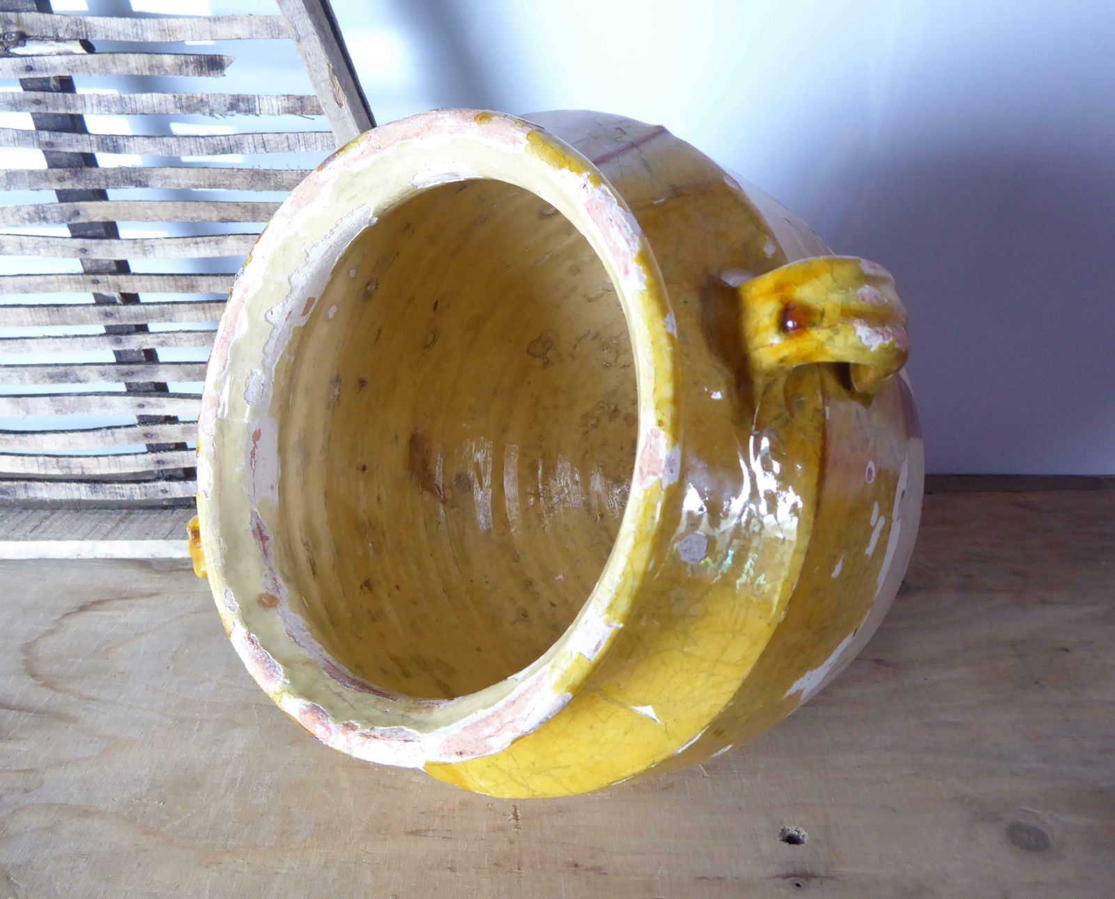 Large Antique French Yellow Confit Pot, Yellow Glazed Earthenware Vase, Farmhouse Décor, Kitchen Crock photo Home Decor