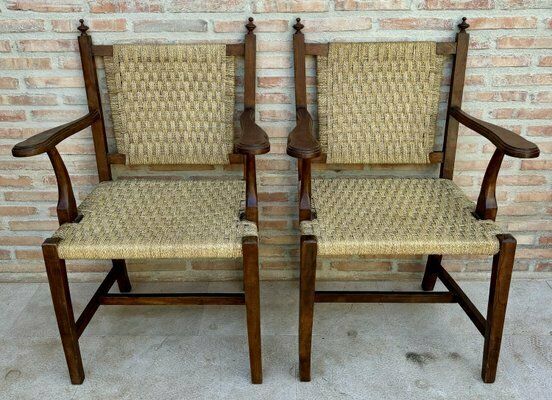 20th Spanish Walnut Armchairs With Backs And Caned Seats, 1940, Set Of 2