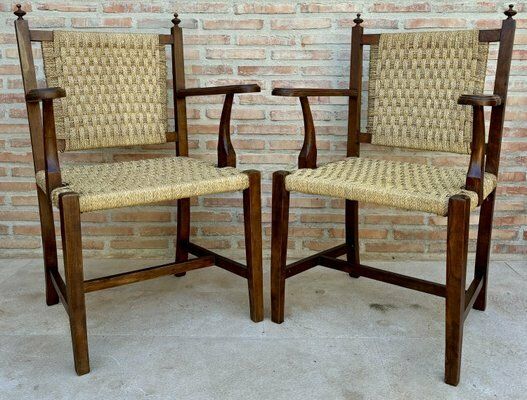 20th Spanish Walnut Armchairs With Backs And Caned Seats, 1940, Set Of 2 photo Furniture