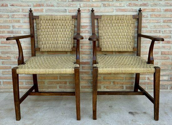 20th Spanish Walnut Armchairs With Backs And Caned Seats, 1940, Set Of 2 photo vinterior