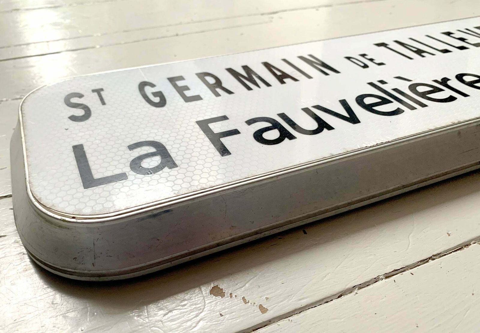 Genuine French Street Sign; 'St Germain De Tallevede La Fauveliere Rondel' photo furniture