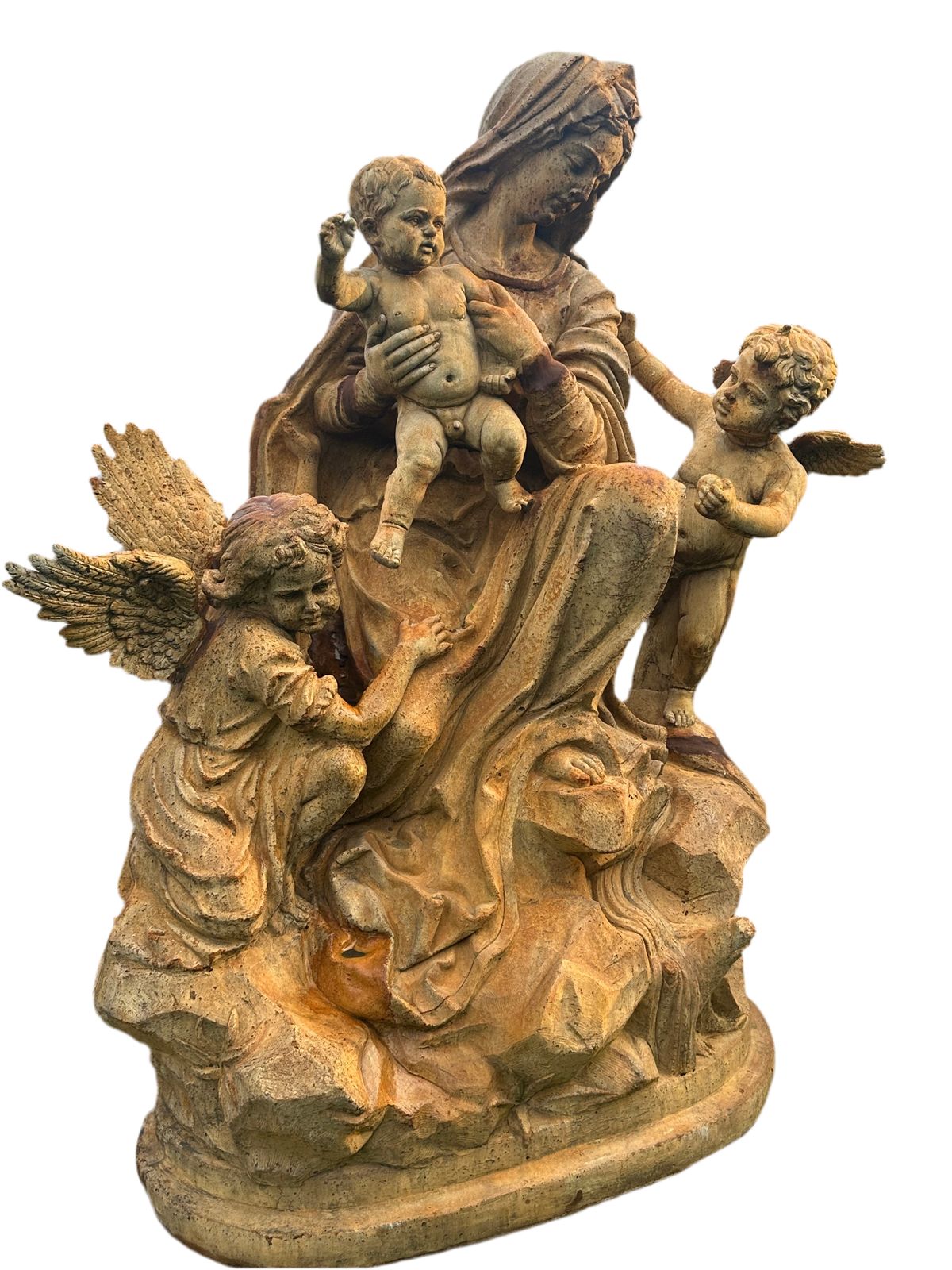 Beautiful French, Salvage Hand Made Statue, Mary And Cherubs (5ft Tall)