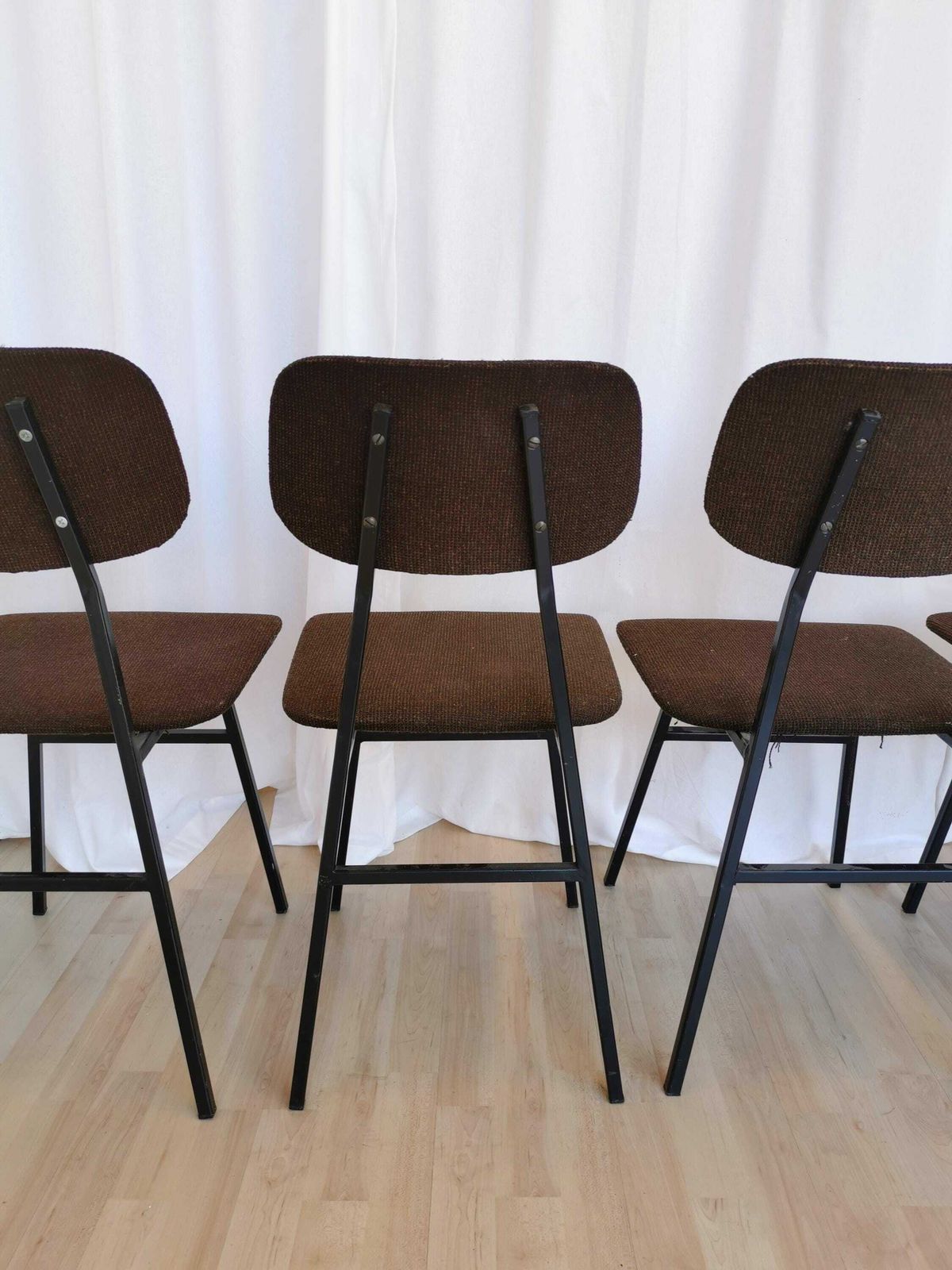 Set Of 4 Vintage Brown Dine Chairs / 1970s Yugoslavia / Metal Base Brown Fabric / Retro School Dining Chairs By Stol Kamnik photo furniture