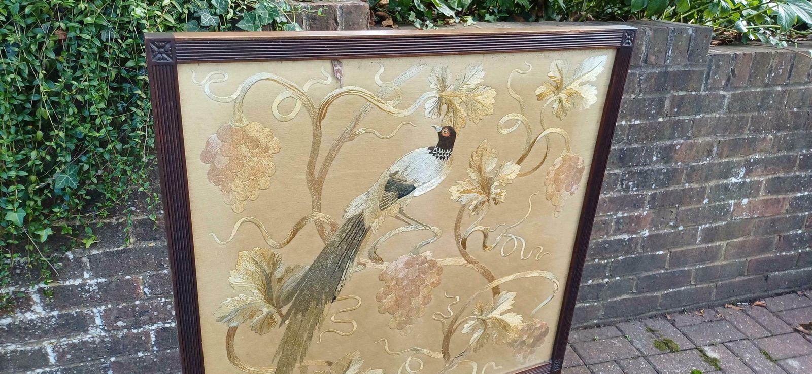Huge Imposing Victorian Mahogany Fire Screen With Bird Of Paradise Embroidery Needlework. photo for sale
