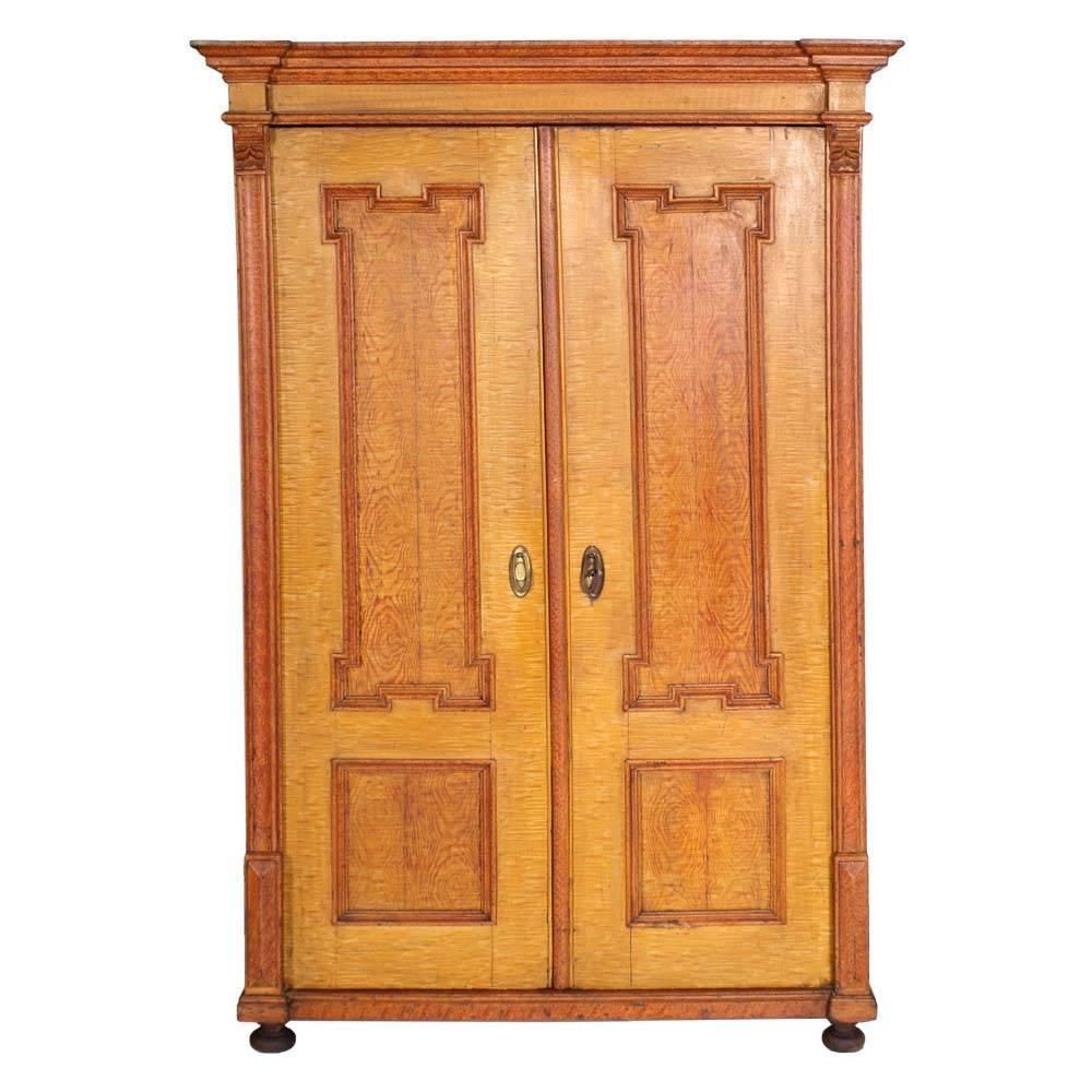 Antique Austrian Neoclassic Wardrobe Cupboard In Massive Wood Laquered Faux Wood