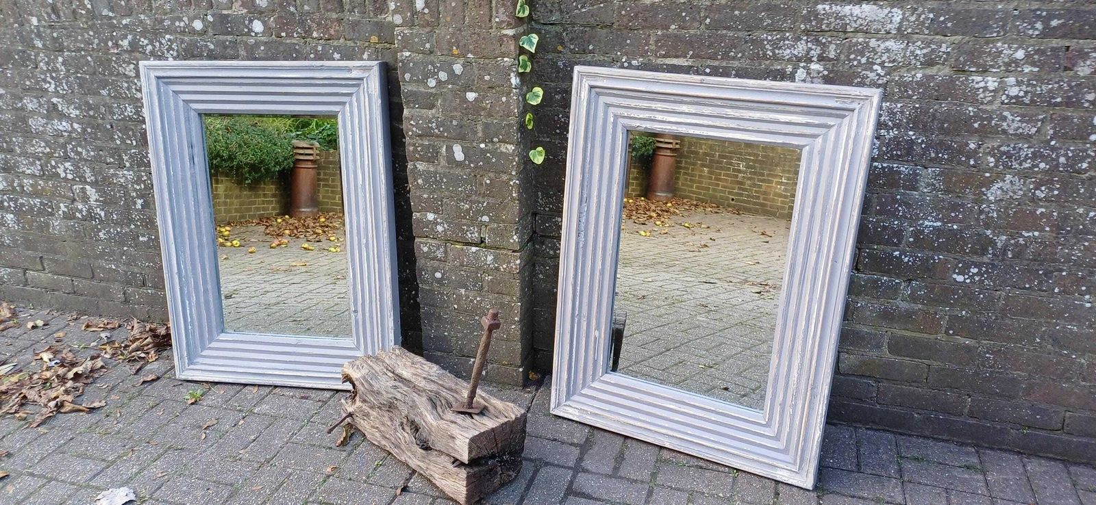 Superb Pair Of Very Large Painted Grey Mirrors Bespoke Distressed Contemporary Finish Bevelled Glass.