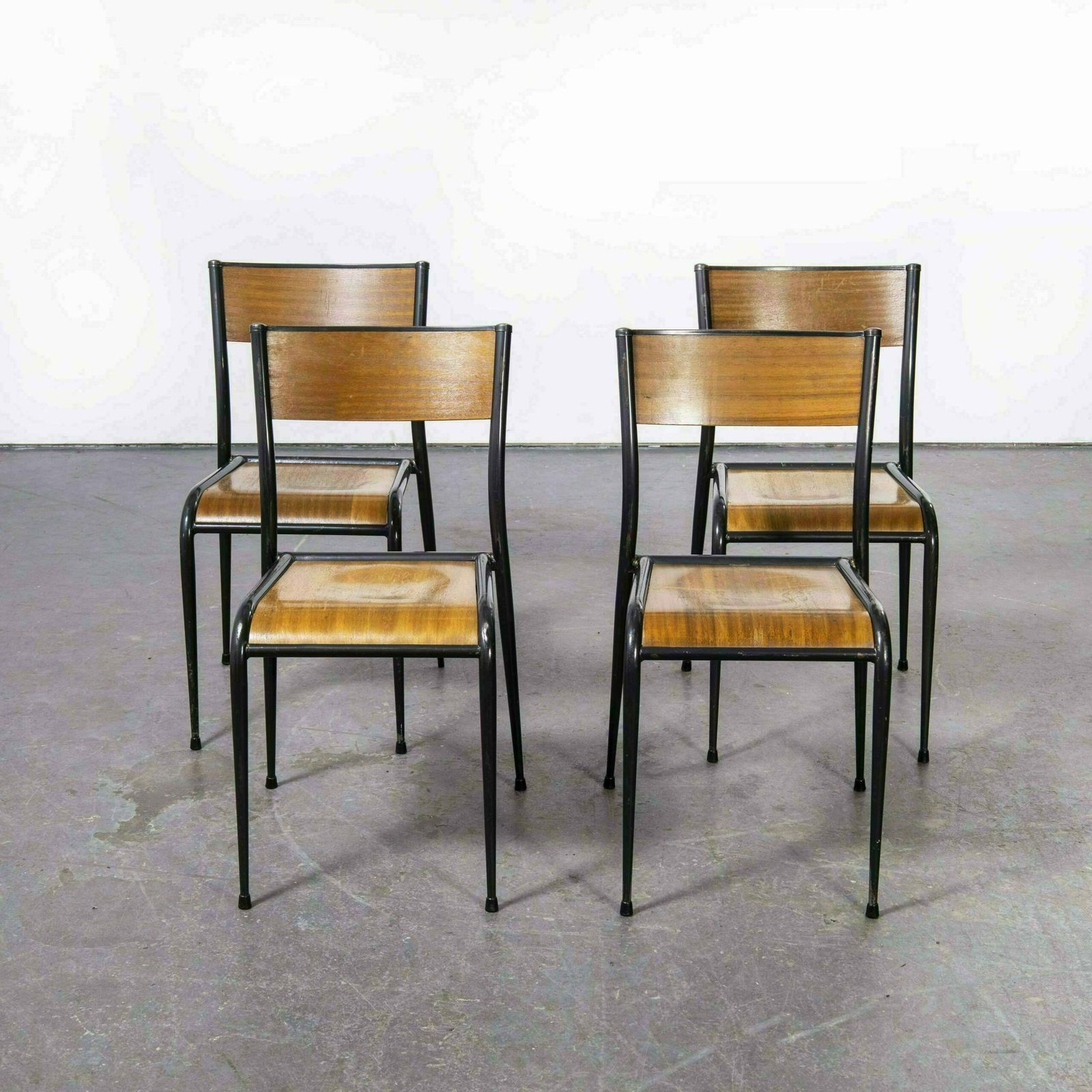 1950’s French Mullca Black Tapered Leg School Dining Chairs – Set Of Four photo for sale