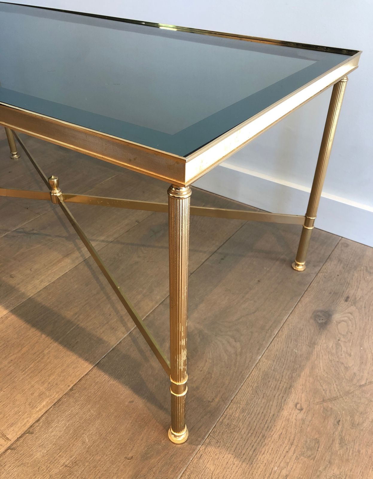 Neoclassical Style Coffee Table In Gold Metal With Blue Glass Top photo buy