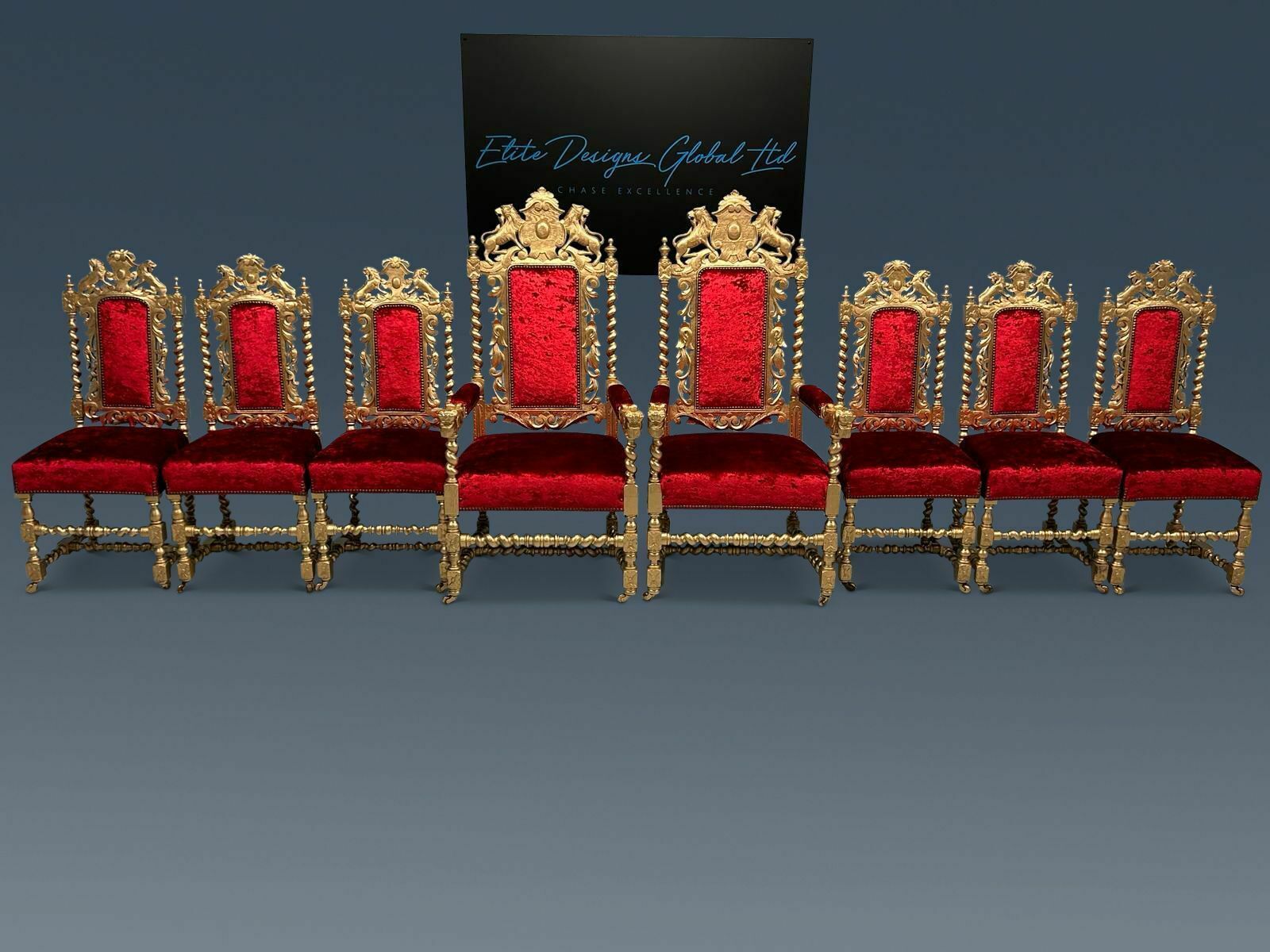 Amazing Beautiful Rare Set Of 8 Antique Victorian Gold & Red Velvet Royal Palace Charles II Style Oak Grand Dining Chairs photo Furniture