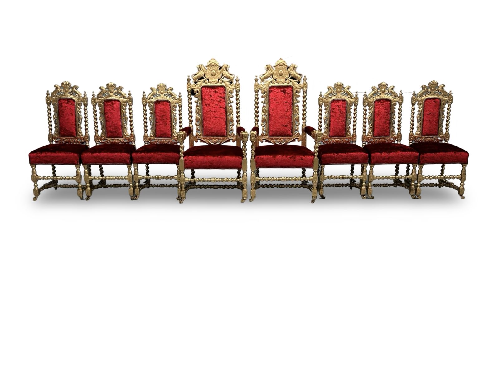 photo vintage Amazing Beautiful Rare Set Of 8 Antique Victorian Gold & Red Velvet Royal Palace Charles II Style Oak Grand Dining Chairs