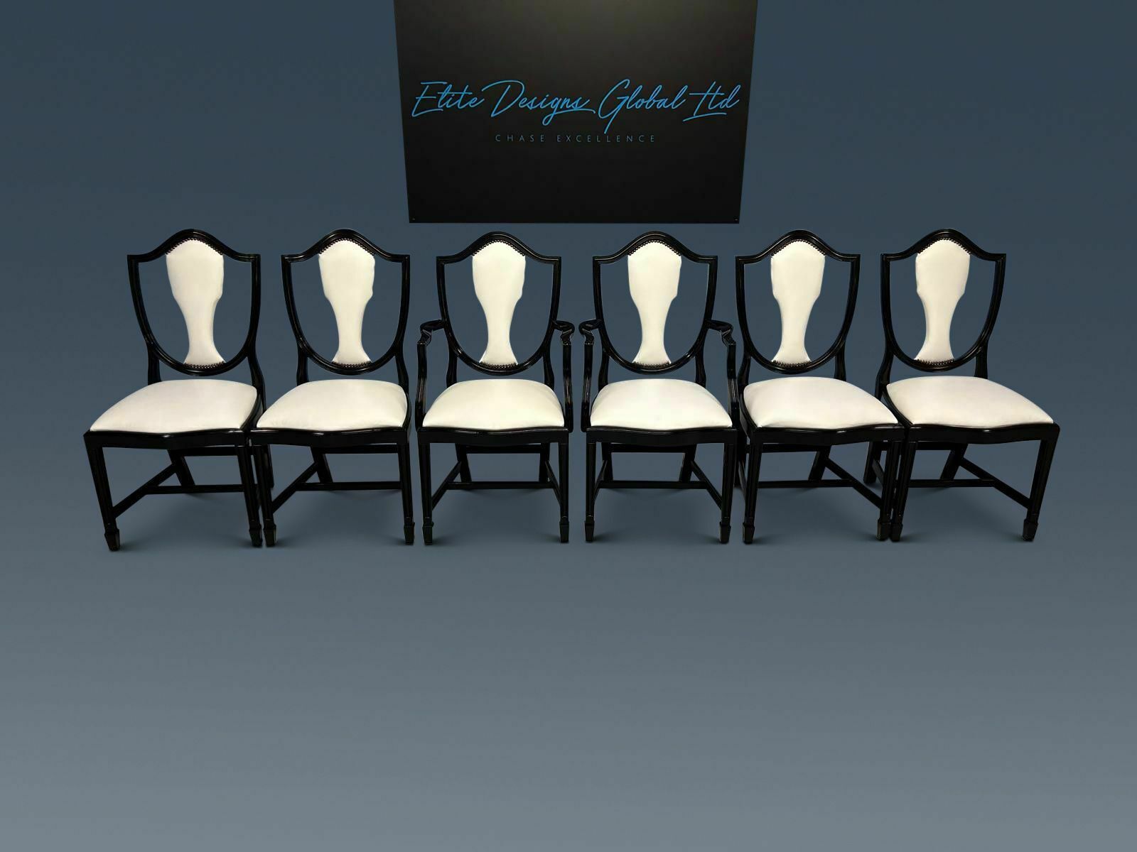 6 Stunning Elite Prince Of Wales Style Designer F&B Pitch Black & Lily White Real Leather/Hide Dining Chairs.