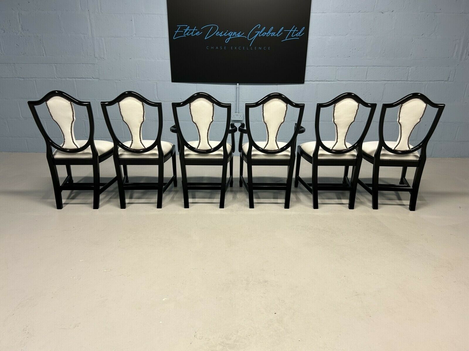6 Stunning Elite Prince Of Wales Style Designer F&B Pitch Black & Lily White Real Leather/Hide Dining Chairs. photo Furniture