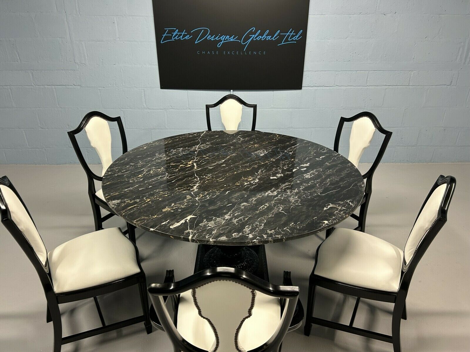 photo furniture 6 Stunning Elite Prince Of Wales Style Designer F&B Pitch Black & Lily White Real Leather/Hide Dining Chairs.