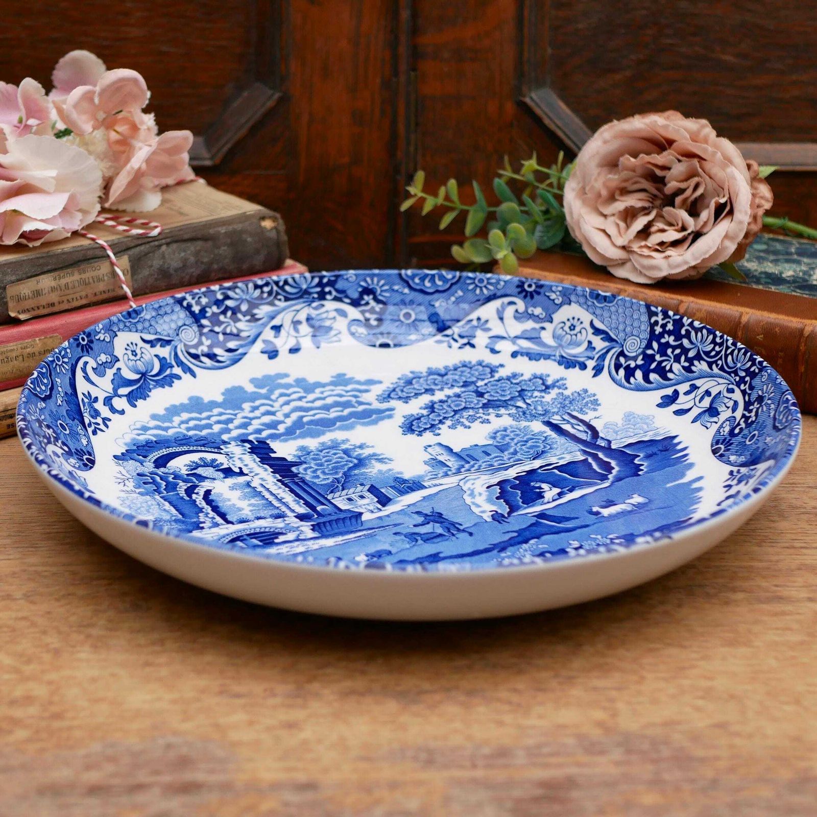 Spode Italian Design Pasta/Dessert/Salad/Soup Bowls With Matching Large Serving Bowl Blue And White English Earthenware Crockery photo vintage