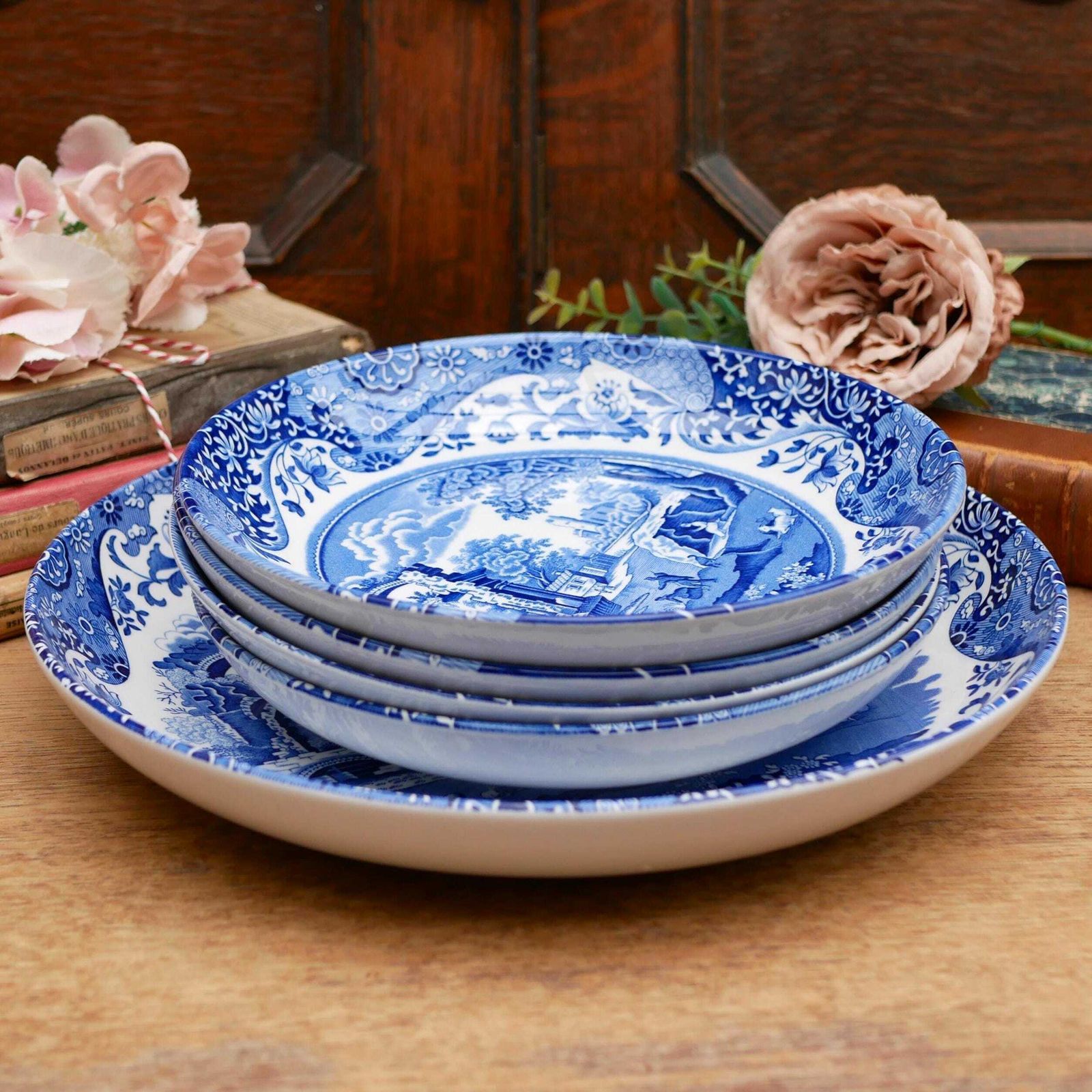 photo for sale Spode Italian Design Pasta/Dessert/Salad/Soup Bowls With Matching Large Serving Bowl Blue And White English Earthenware Crockery