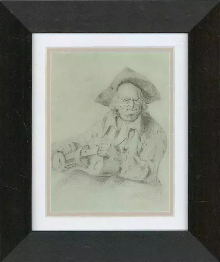 Framed Mid 19th Century Graphite Drawing   Old Man With An Organ